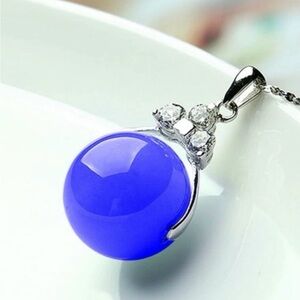 Stamped 925 Sterling Silver NATURAL Blue Jadeite Jade Diamond Necklace